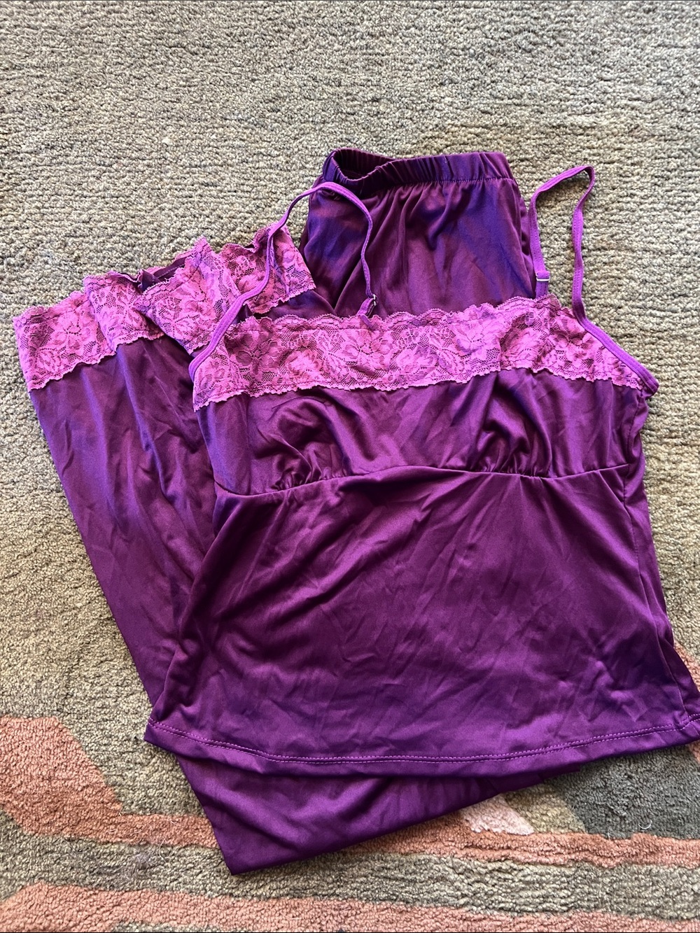 SHEIN Purple Satin Cami and Pants Pajama Set with Lace Trim Size Small